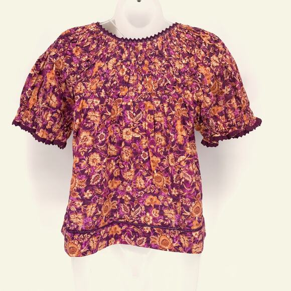 NEW Sundance Blouse Crop Top PS Petite Small Floral Smocked Puff Sleeve Tropical - Picture 3 of 6